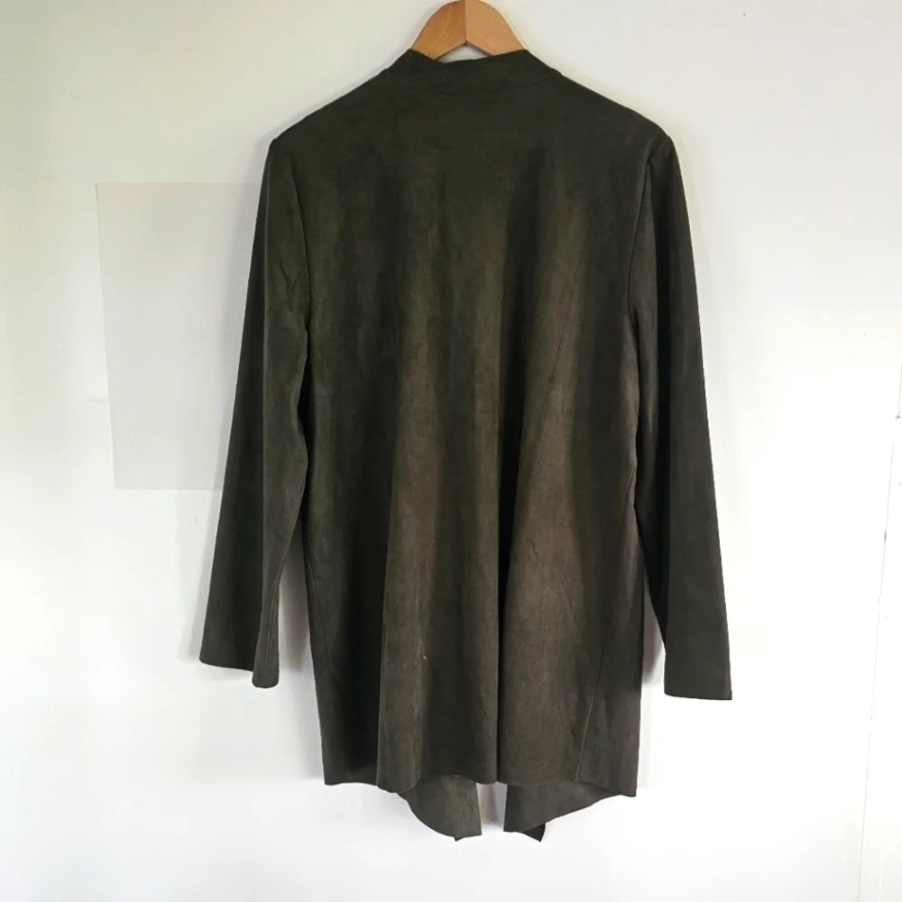 Chico's Faux Suede Green Open Waterfall Embroidery Women's Cardigan Size 2